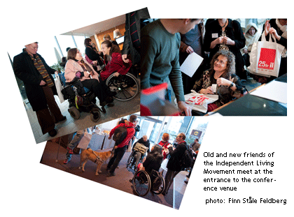 Old and new friends of the Independent Living movement meet at the entrance of the confernce venue. [photo collage]