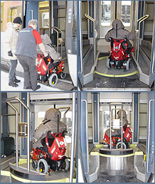 Illustration d'un système d'accès dans un train de Suède. Ici, un système de plateau amovible permet de monter électriquement jusqu'au niveau des places voyageurs. © RF / C. Mimaut.